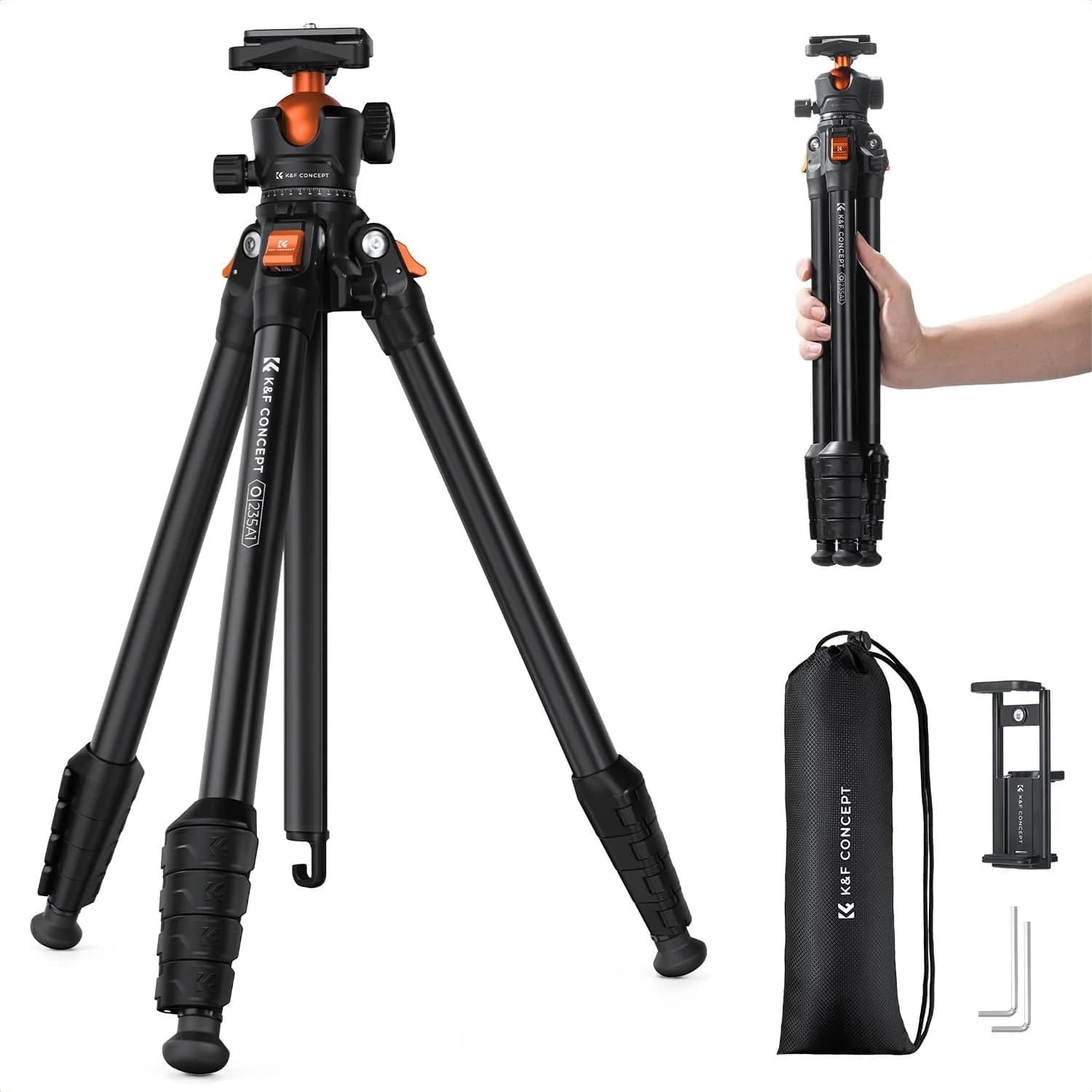 Treppiede da Viaggio in Alluminio da 63 Pollici per Fotocamera con Supporto per Telefono, Leggero e Compatto 2,6 Libbre, Carico Massimo 22 Libbre per DSLR, Mirrorless e Videocamere