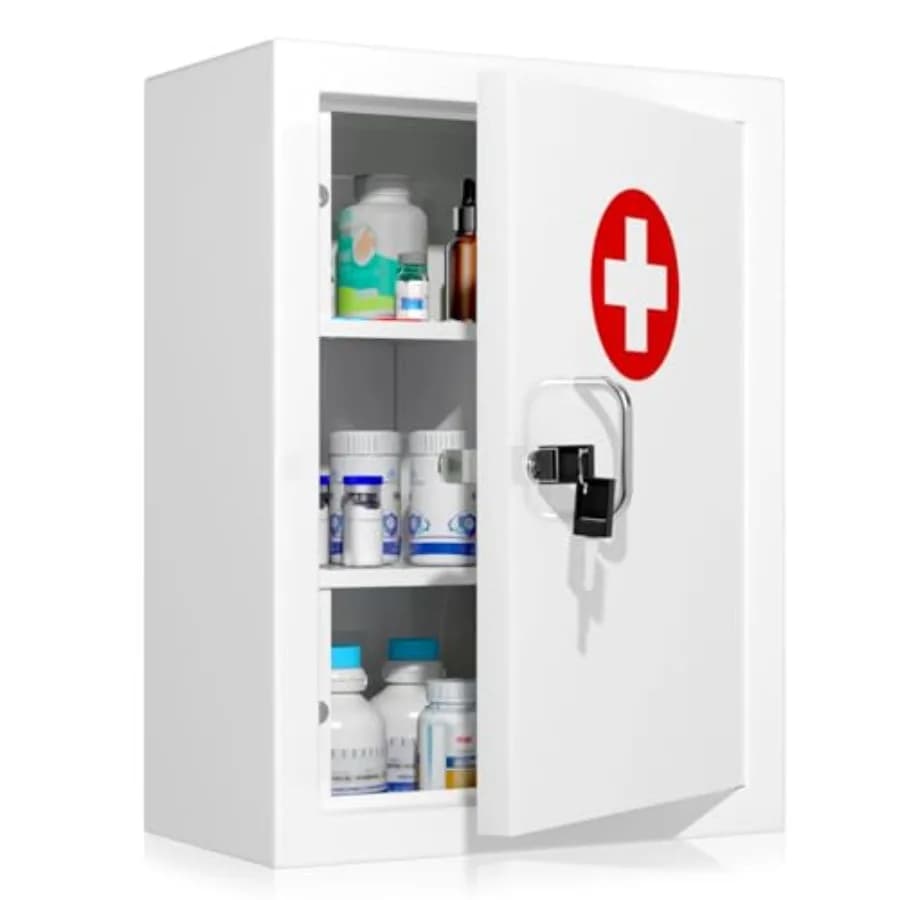 Armadietto Portamedicinali da Parete con Serratura: Armadietto Contenitore con Chiave - Kit di Pronto Soccorso in Metallo Bianco per la Sicurezza dei Bambini e per la Famiglia
