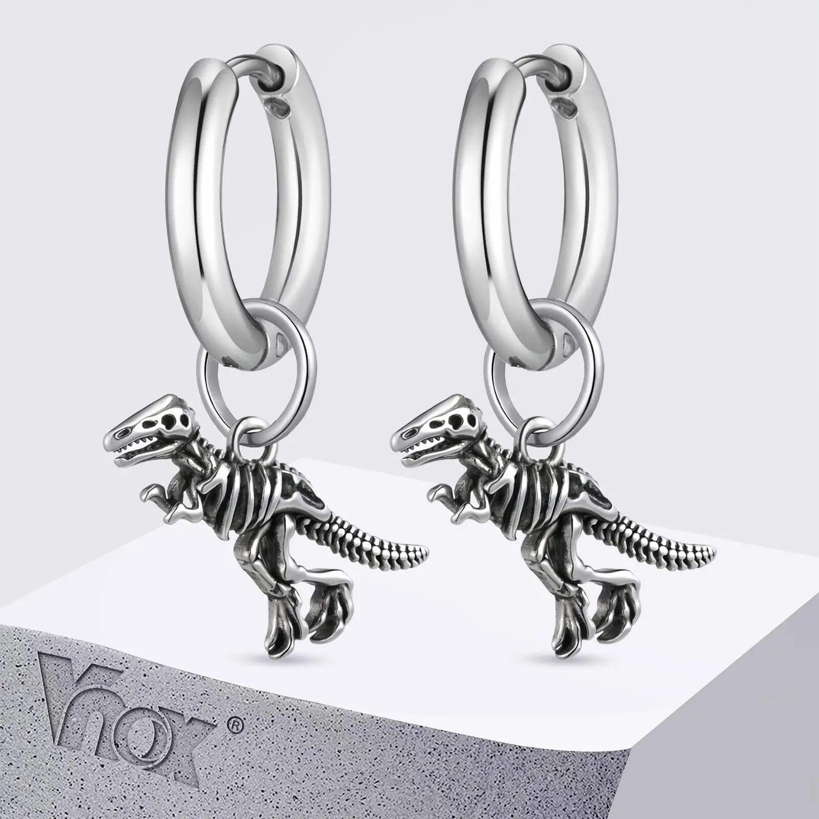 Vnox Orecchini Punk Rock da uomo Orecchini ipoallergenici in acciaio inossidabile color nastro Orecchini pendenti con dinosauro personalizzati Regali