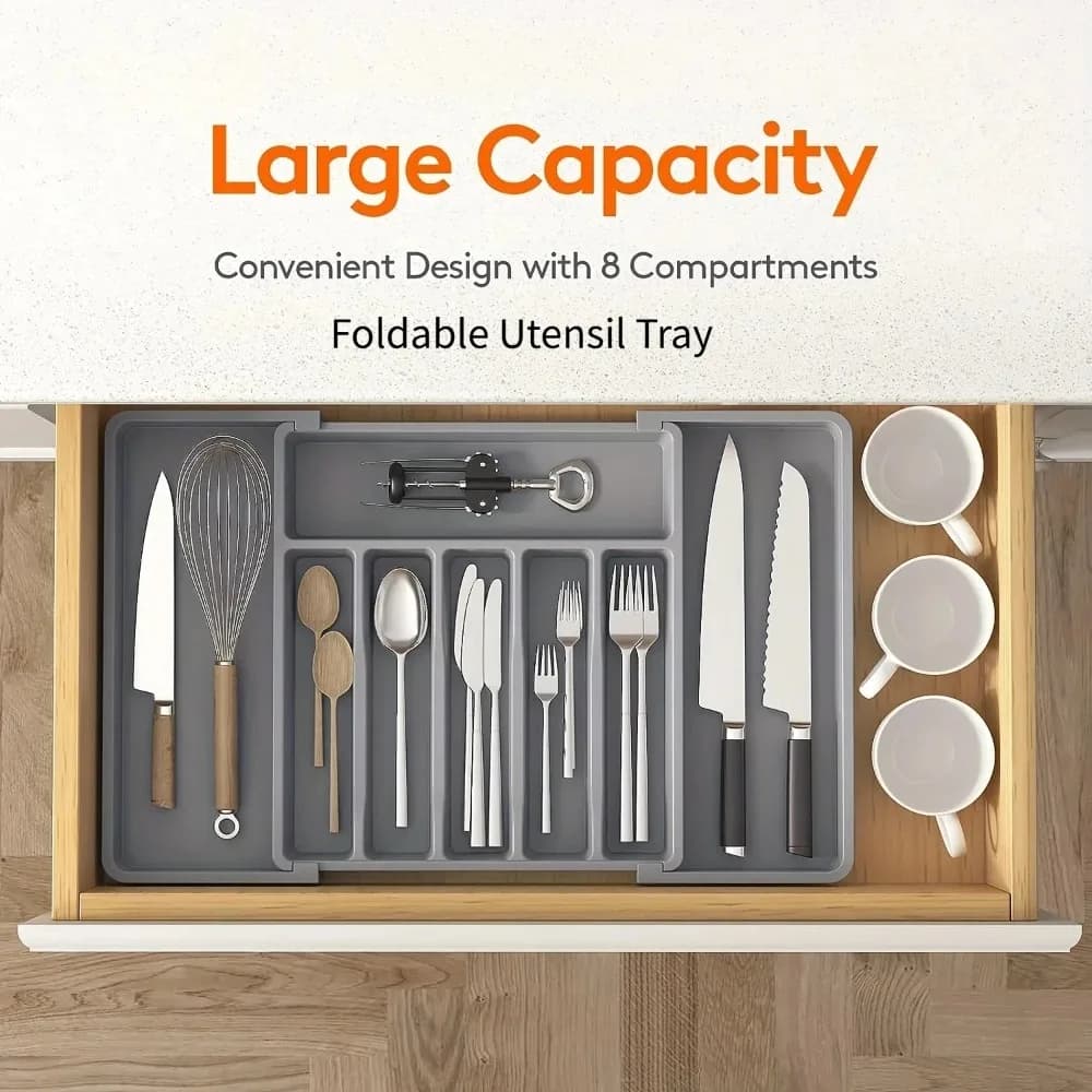 Adjustable and Expandable Plastic Utensil Tray, Suitable for Cutlery, Knives, Spoons, Small Tools, Kitchen Storage