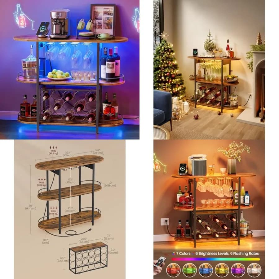 Mobili Bar per Casa, Mini Bar LED con Prese di Corrente, Mini Bar Domestico per Liquori, Portabottiglie Autoportante con Portabicchieri, K