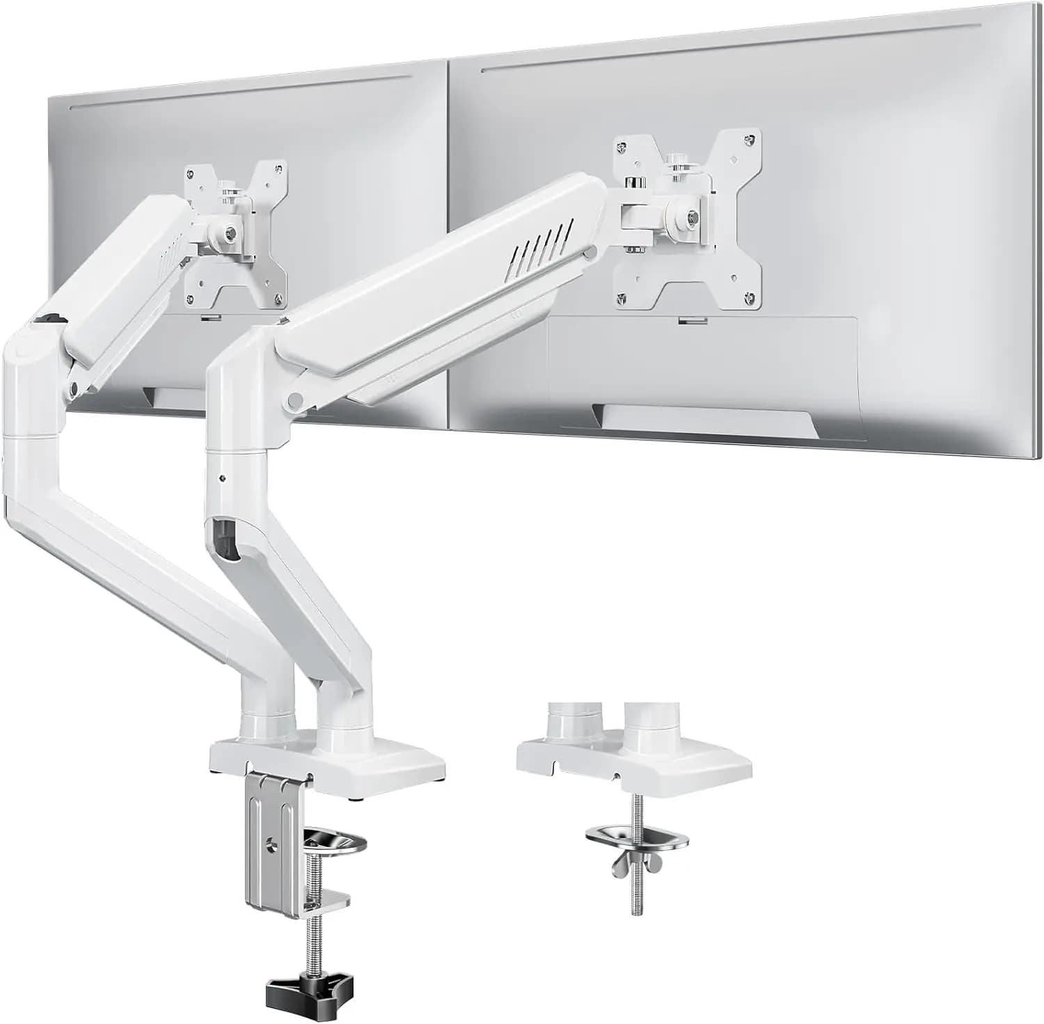 Supporto per doppio monitor per schermi da 22-32 pollici, supporto da scrivania regolabile in altezza, compatibile VESA, bianco