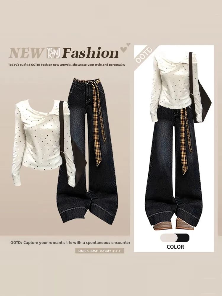 Elegant Lady Spring round Neck Denim Two-Piece Set Deep Blue Wide Leg Jeans T-Shirt Women's Fashion Ensemble High Waist