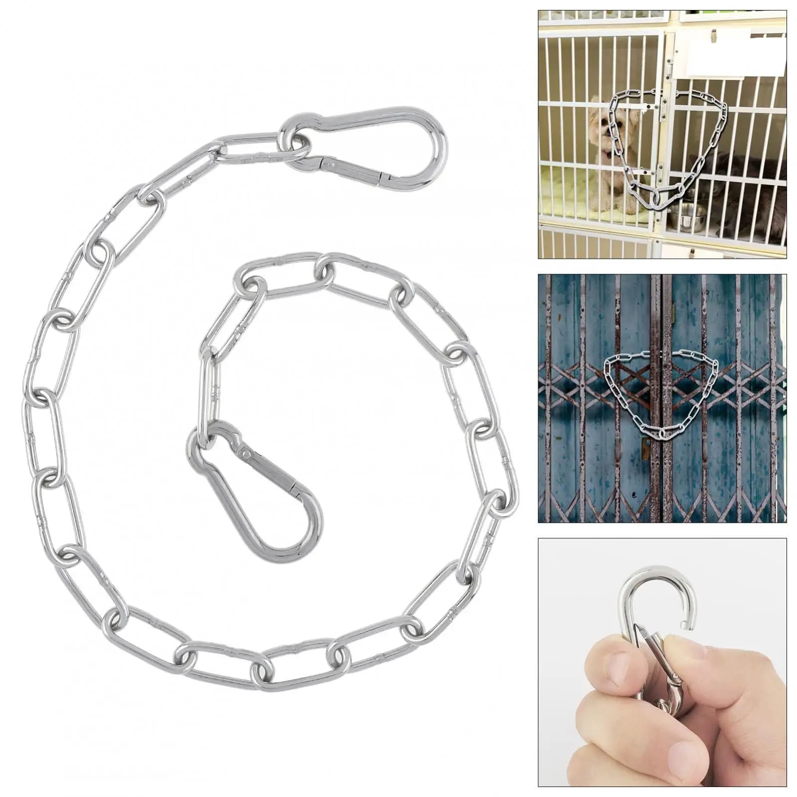 Serratura a catena a maglie per cancello in acciaio inossidabile da 23.6 pollici 3mm per recinzioni esterne/gabbie per animali domestici con moschettoni da 2 pezzi, chiusure per cancelli argentati