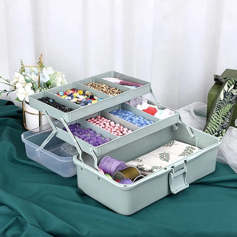 3 Layer Plastic Bearing Box with Adjustable Dividers, Portable Organizer with Handle for Crafts and Storage