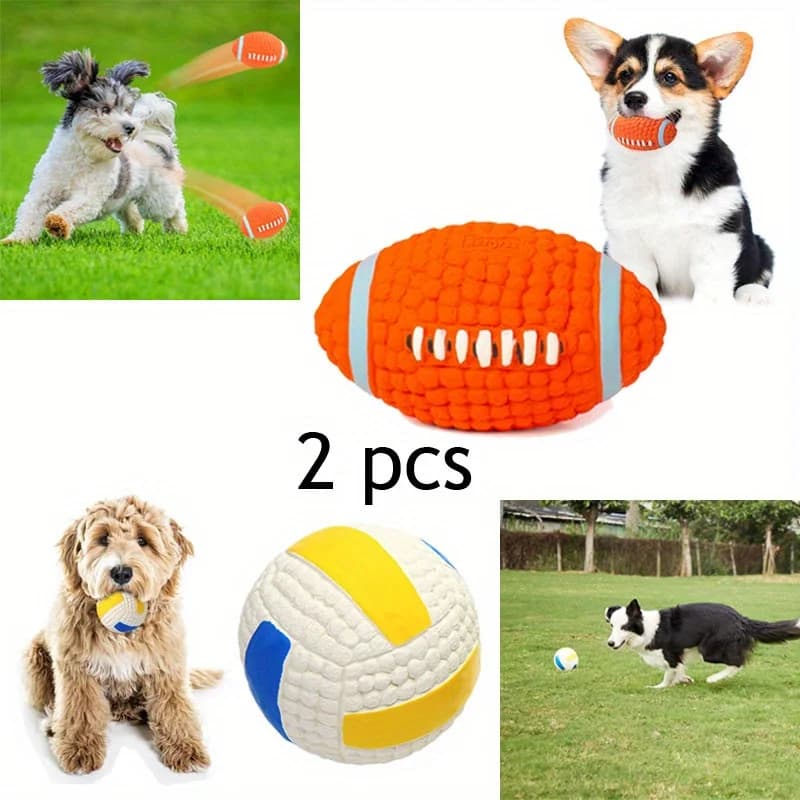 2 pezzi di giocattoli per cani in lattice, rugby, tennis, palla da mordere, palla sonora, giocattolo per animali domestici