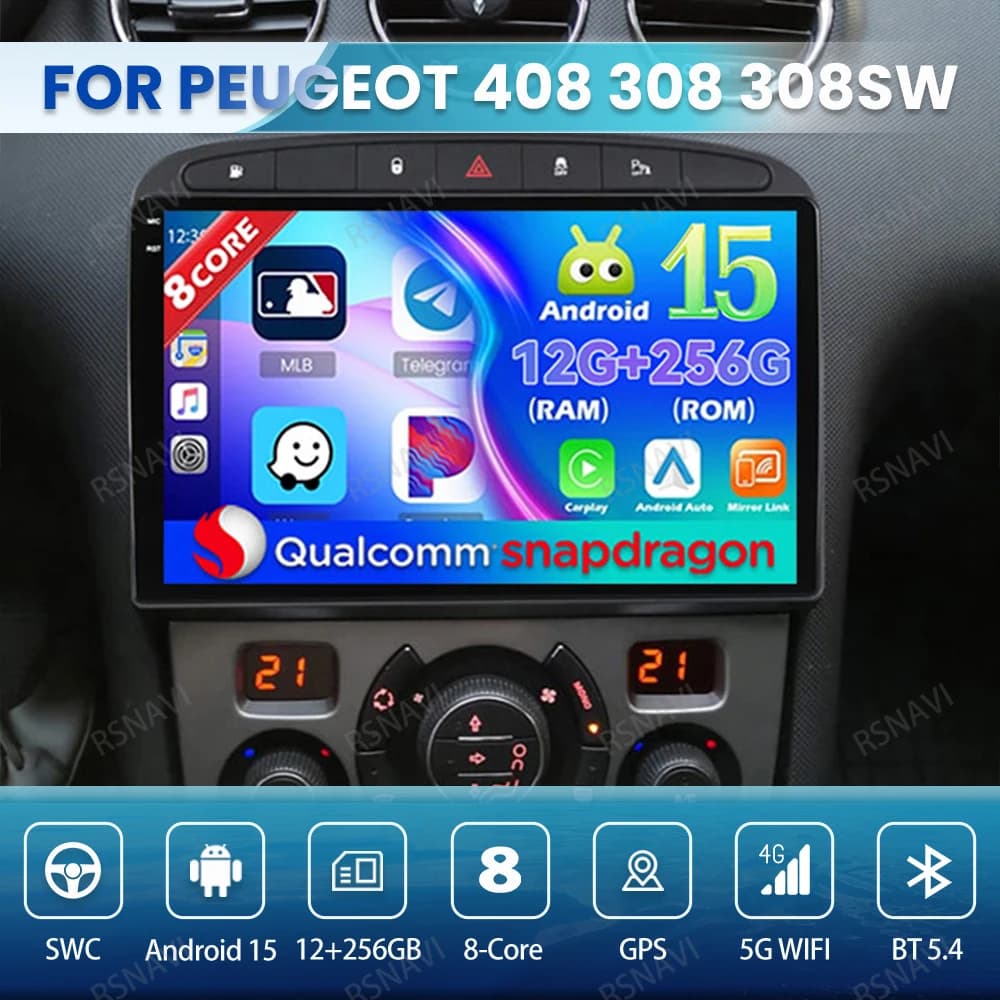 Android 15 Autoradio Per Peugeot 408 308 308SW Qualcomm 4G LTE Stereo BT QLED 5G WIFI Autoradio Multimediale Wireless Carplay Auto
