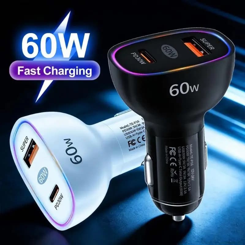 Car Charger 60W USB C Fast Charger PD30W QC3.0 Dual Port Adapter Quick Charge 3A For Mobile Phones Tablets
