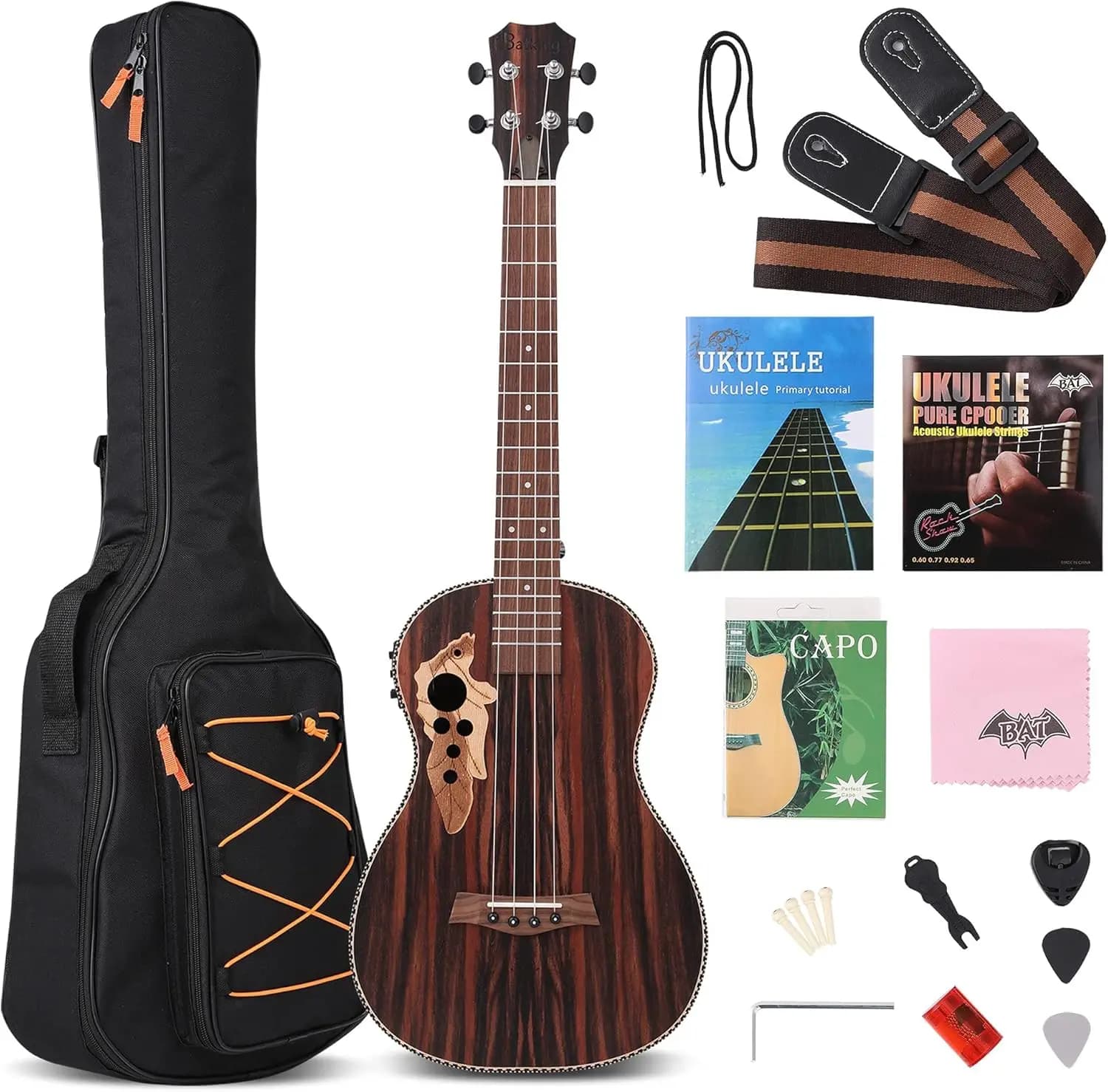 Baritone Acoustic-Electric Ukulele 30 Inch Solid Blackwood Body with Truss Rod, Equalizer, Gig Bag, Strap, Nylon Strings, Tuner, Pick, and Shaker - Complete Kit