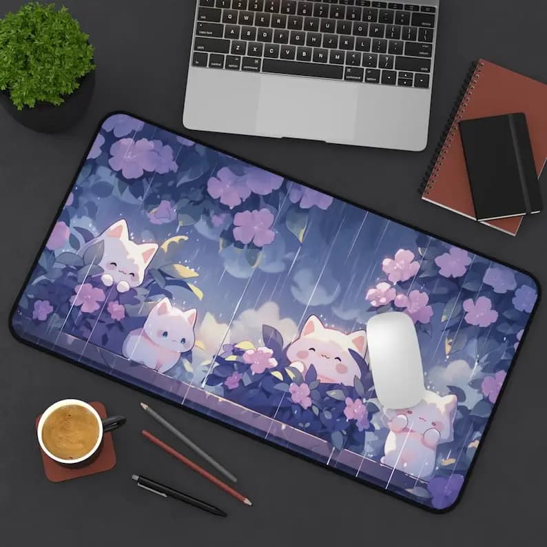 Tappetino per mouse grande Kawaii Cats in the Rain 900x400 XXL Tappetino per mouse viola Tappetino per mouse da gioco Tappetino per mouse carino Accessori da gioco lavoro d'ufficio