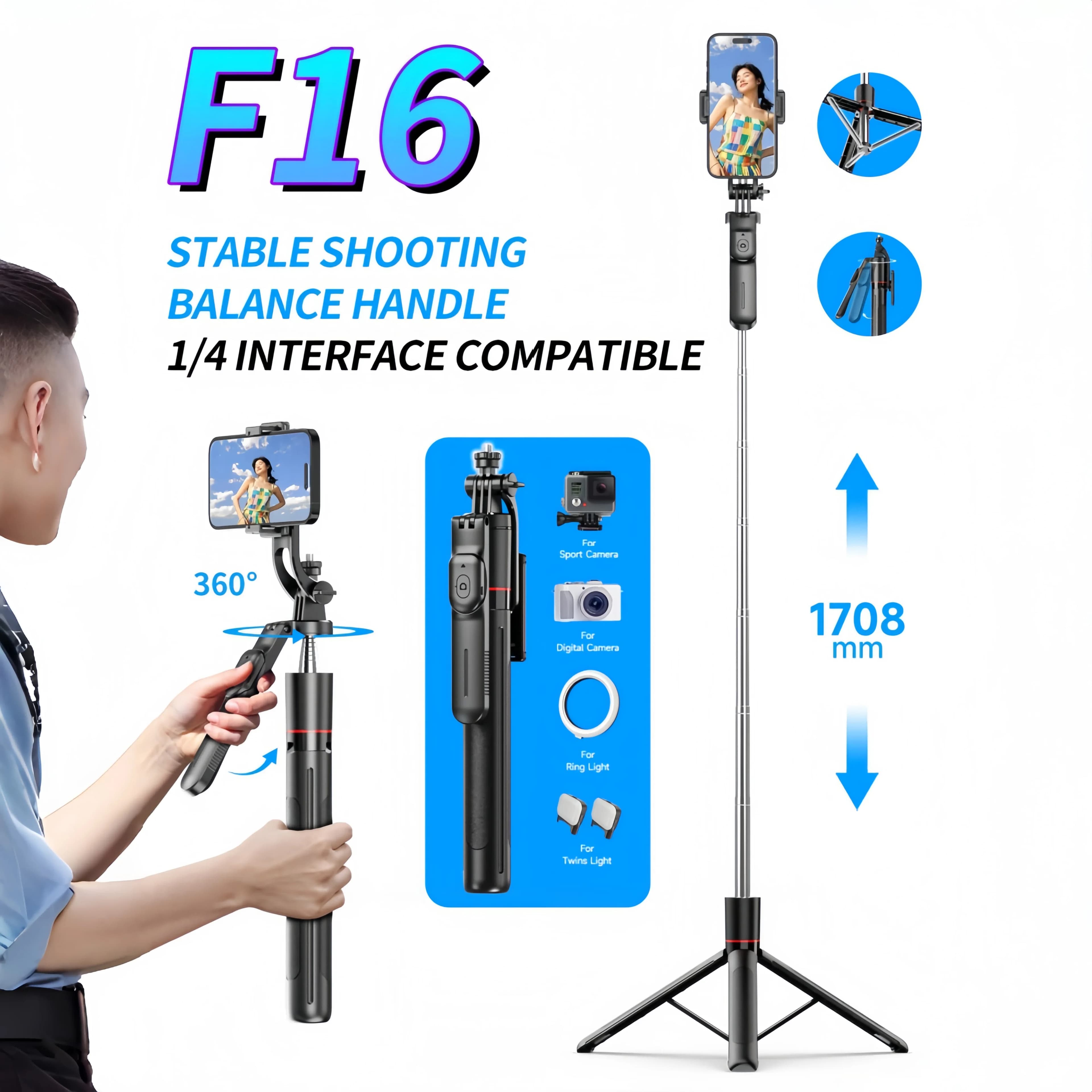 Selfie Stick WIFIT F16 with adjustable tripod, 360 ° Tyre, detachable phone support, Bluetooth, 1,7 m telescopic, Android/iOS