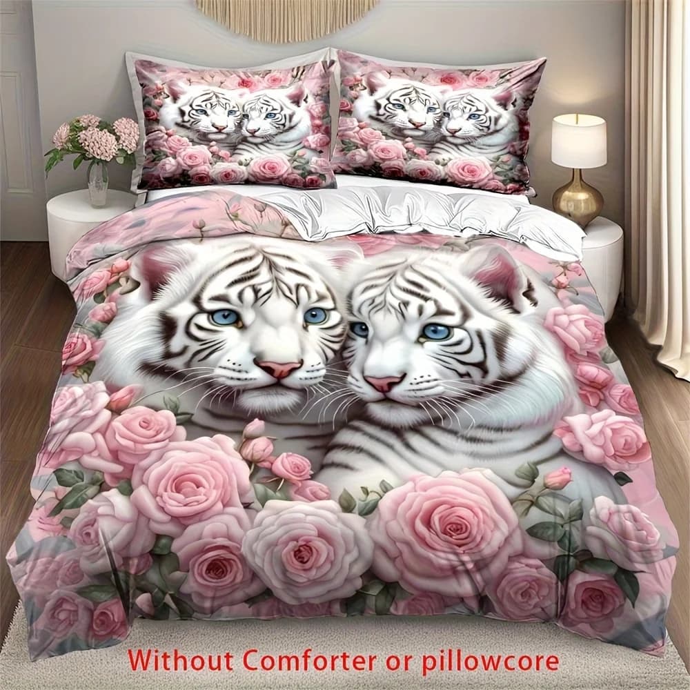 Set copripiumino con stampa 3D Tiger Rose 2/3 pezzi (1 copripiumino + 1/2 federa, senza anima), eleganti fiori di animali tigre bianchi