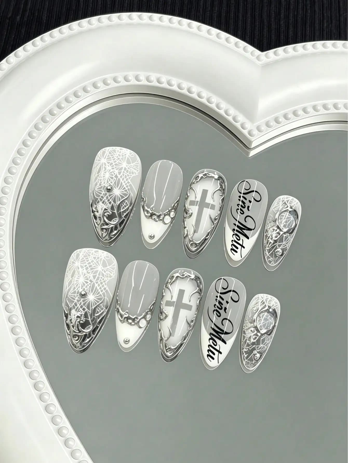 10 Pieces of Handmade Almond-Shaped Full-Cover Nail Tips, Medium-Length, Gray-White Gradient with Hand-Painted Spider Web, Floral English Lettering, 3D Metal Cross, Silver Embellishments, Dark Gothic Sweet-Cool Style, Suitable for Women and Girls, Ideal for Summer Vacations, Graduation Season, and Personalized Outfits, Also Suitable as a Gift, Includes 1 Piece of Jelly Glue and 1 Nail File