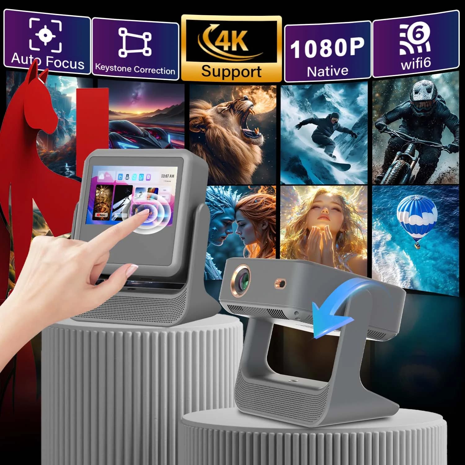 Proiettore 4K HD, Touch Screen da 8", WiFi Bluetooth, Doppio Schermo, HDMI USB, Home Theater Karaoke Gamer