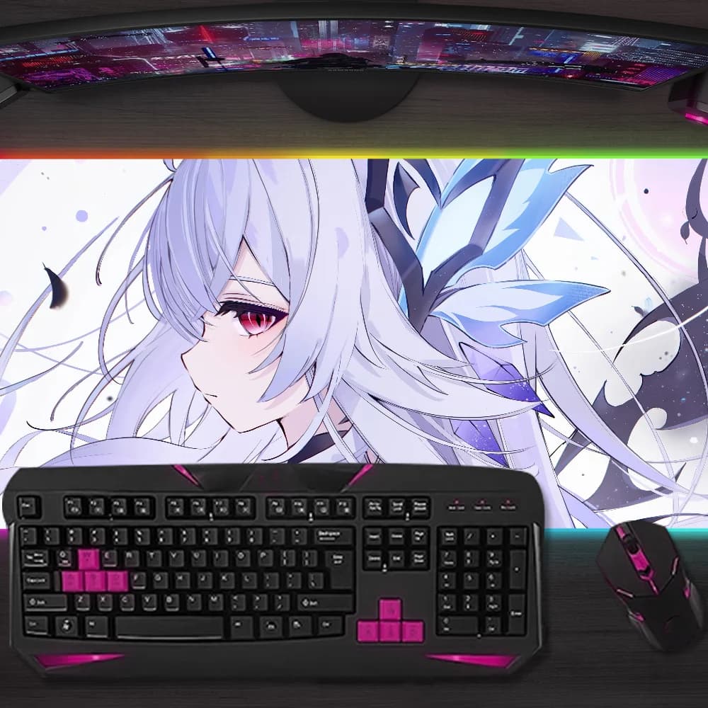 Tappetino per mouse G-Genshin Impact Skirk viola, tappetino per mouse da gioco, tappetini da tavolo a LED, tappetini da scrivania in gomma retroilluminati con micro USB, tappetini da scrivania RGB XXL