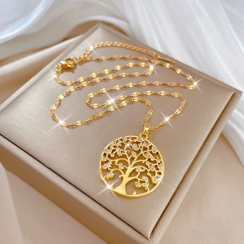 Collana con ciondolo albero della vita in zircone sintetico imitazione moda, anello con ciondolo a forma di albero grande, gioielli con catena, amuleto portafortuna, accessori regalo, adatto per adolescenti