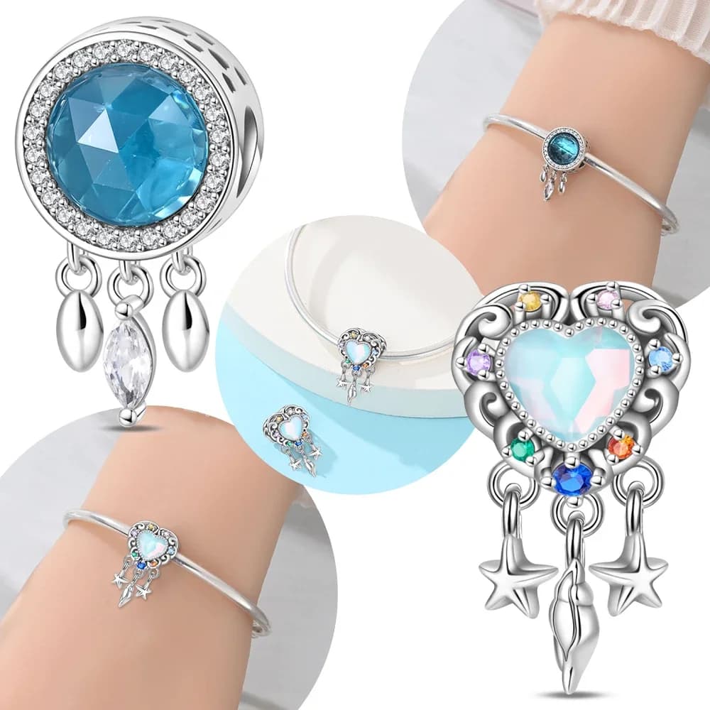 Original 925 Silver Blue Wishing Dream Catcher Flying Through Ocean Dream Pendant Bead Fit Women Bracelet Diy Fine Gift Jewelry