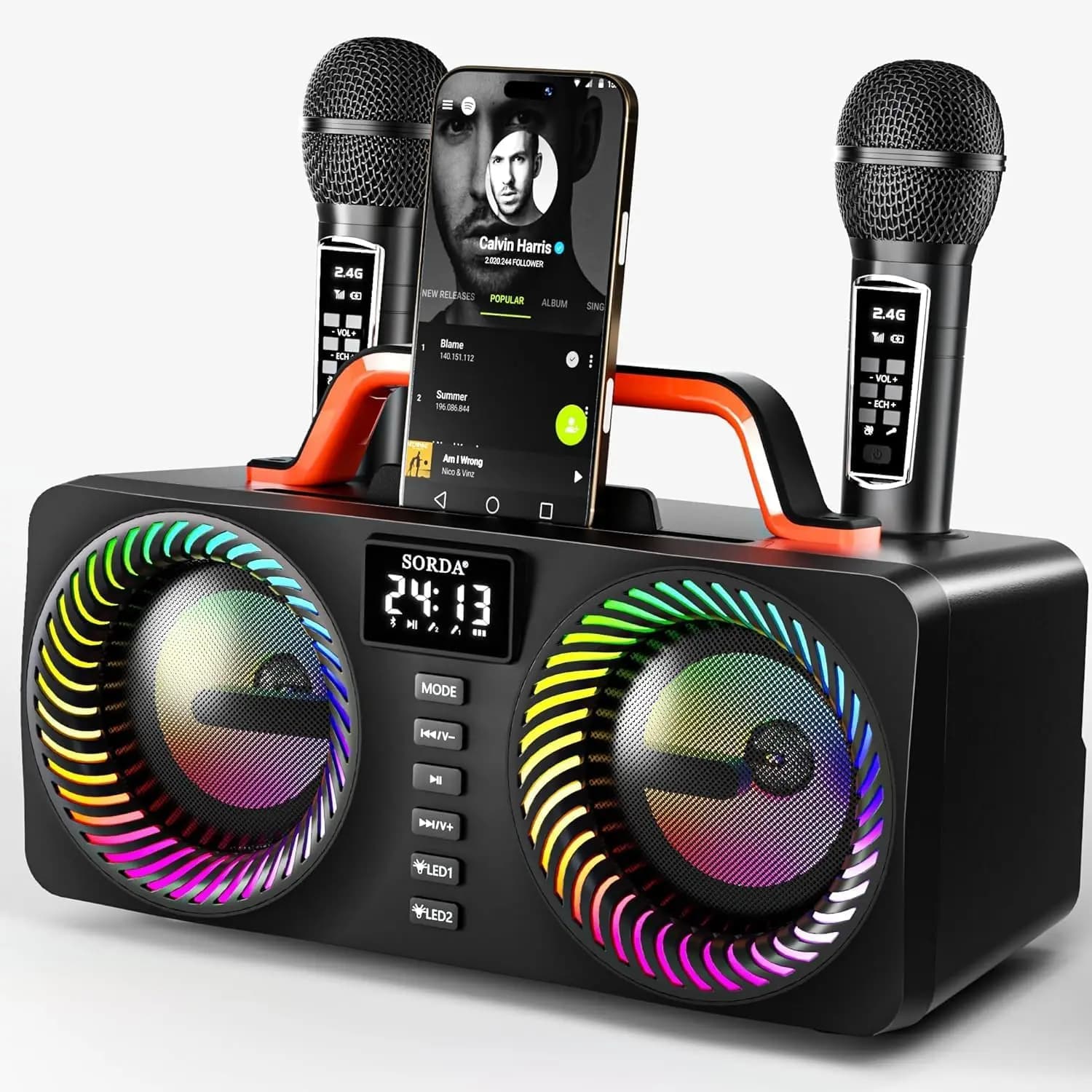 Macchina per Karaoke Portatile con Altoparlante Bluetooth da 80W, 2 Microfoni Wireless, Controllo Eco, Supporto USB/AUX per Feste