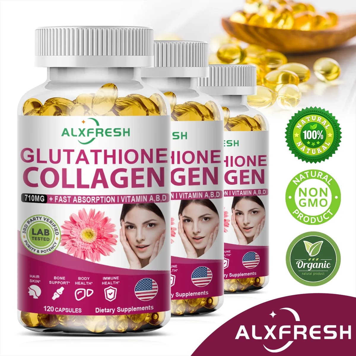 Alxfresh 710mg Collagene idrolizzato 300mg Glutatione 4000mcg Biotina e vitamina A D B6 B12 Capsula Integratore nutrizionale