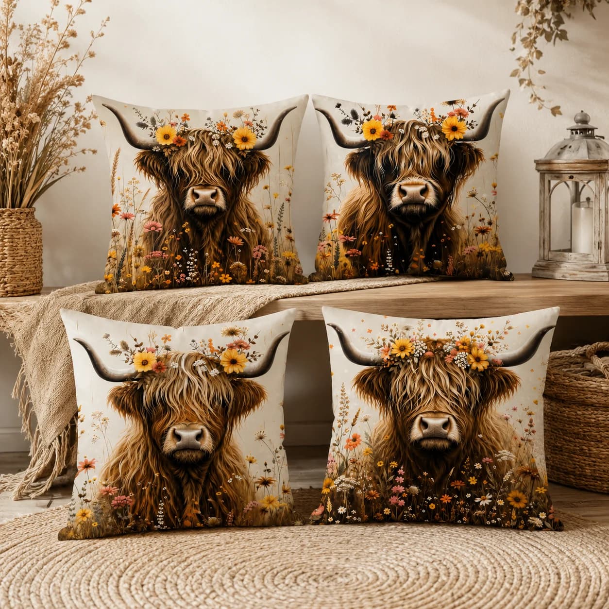 Highland Cow Floral Cushion Cover Silky Short Plush With Invisible Zipper Dustproof Sofa Pillow Cover For Home Decor