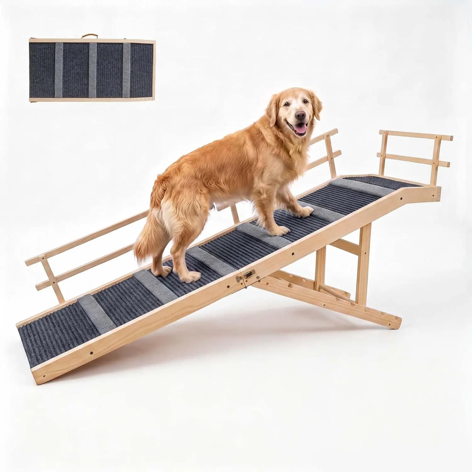 Wooden Dog Ramp for High Bed 65.7" Extra Long Solid Wood Pet Ramp with Non-Slip Mat & Safety Side Rails 5-Level Height Adjustabl