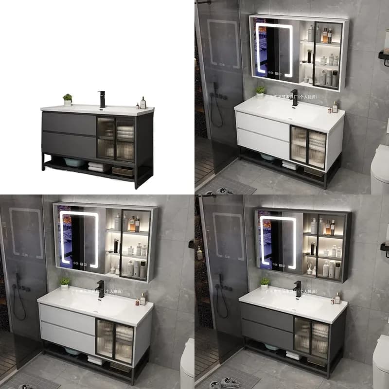 Modern Smart Bathroom Vanity Set with Ceramic Integrated Sink Mirror Cabinet Light Luxury Washbasin Combo for Home