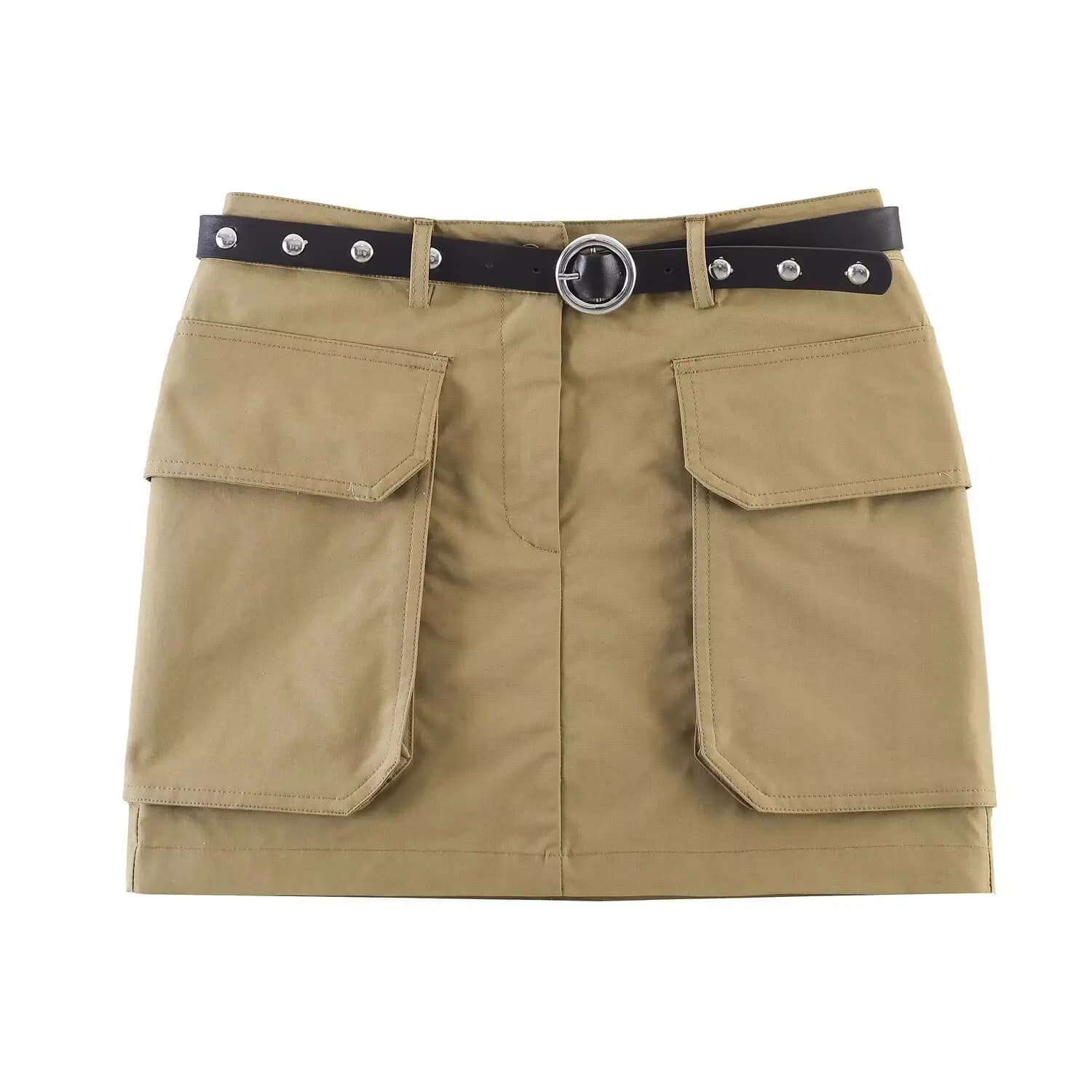 Women's Fashion Style Mini Skirt With Belt Khaki Belted Mini Skirt Pockets High Waist Casual Short Skirt For Women Elegant WLMJ