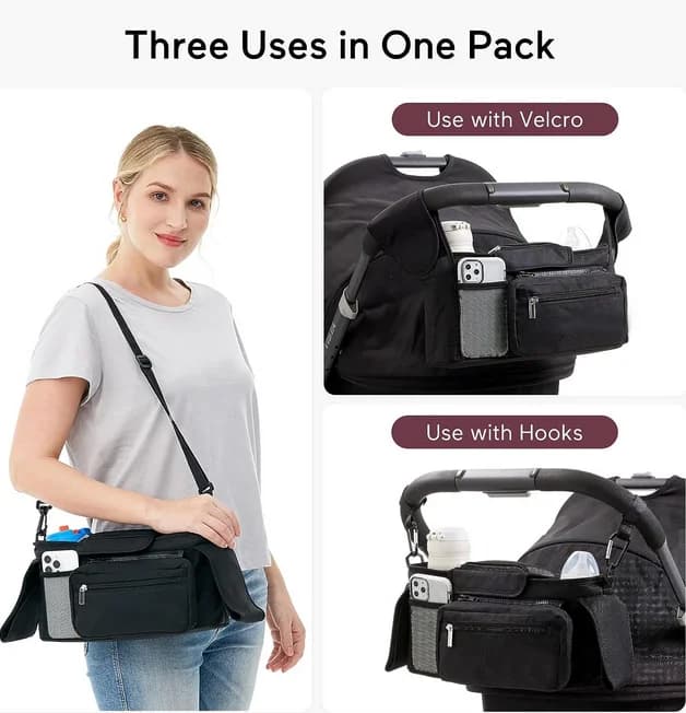 Borsa portaoggetti universale per passeggino 3 IN 1 Borsa da viaggio per appendere di grande capacità Portabottiglie per telefono Borsa per pannolini per mummia