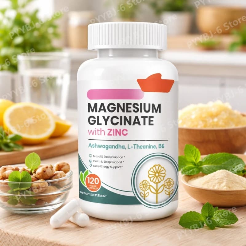 Integratore di Magnesio Glicinato e Zinco con Vitamina B6, Ashwagandha e L-Teanina per l'Equilibrio Quotidiano del Cortisolo, 120 Capsule per Adulti