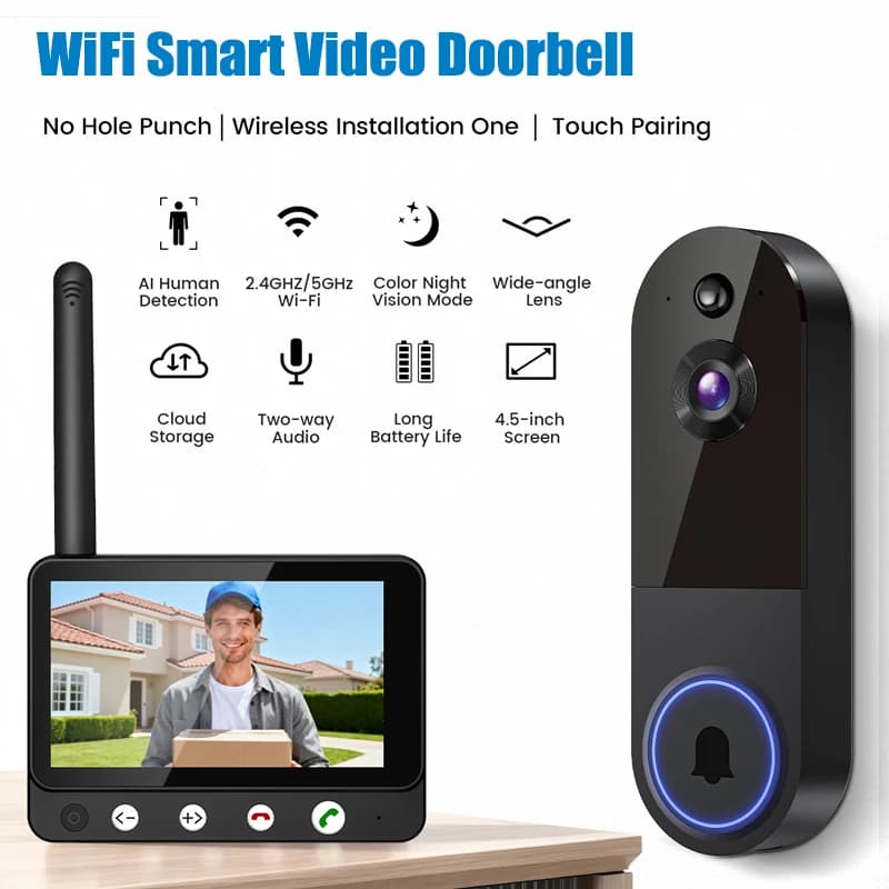 Campanello Video WiFi 2.4G 1080P, Citofono Wireless Intelligente con Telecamera, Rilevamento Umano, Visione Notturna HD