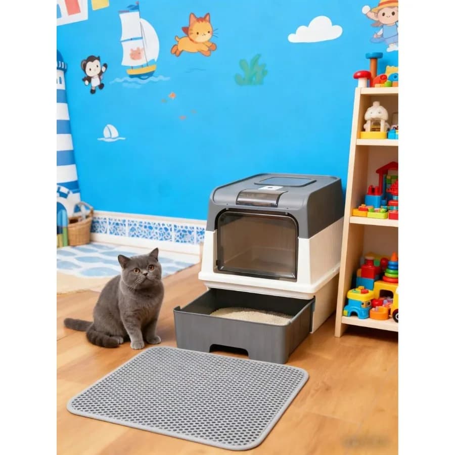 【New style】Cat Toileting and Hygiene Essential Set: Gray Extra Large Magic Cube Litter Box + Pet Wipes - Double Door, Easy-Clea