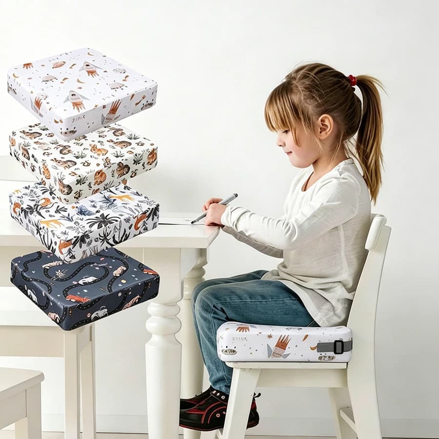 1Pc Portable Children's Booster Seat Cartoon Printed Thickened Toddler Dining Booster Cushion with Non-Slip Straps Soft and Thick Printed Chair Cushion, Suitable for Dining and Study Tables