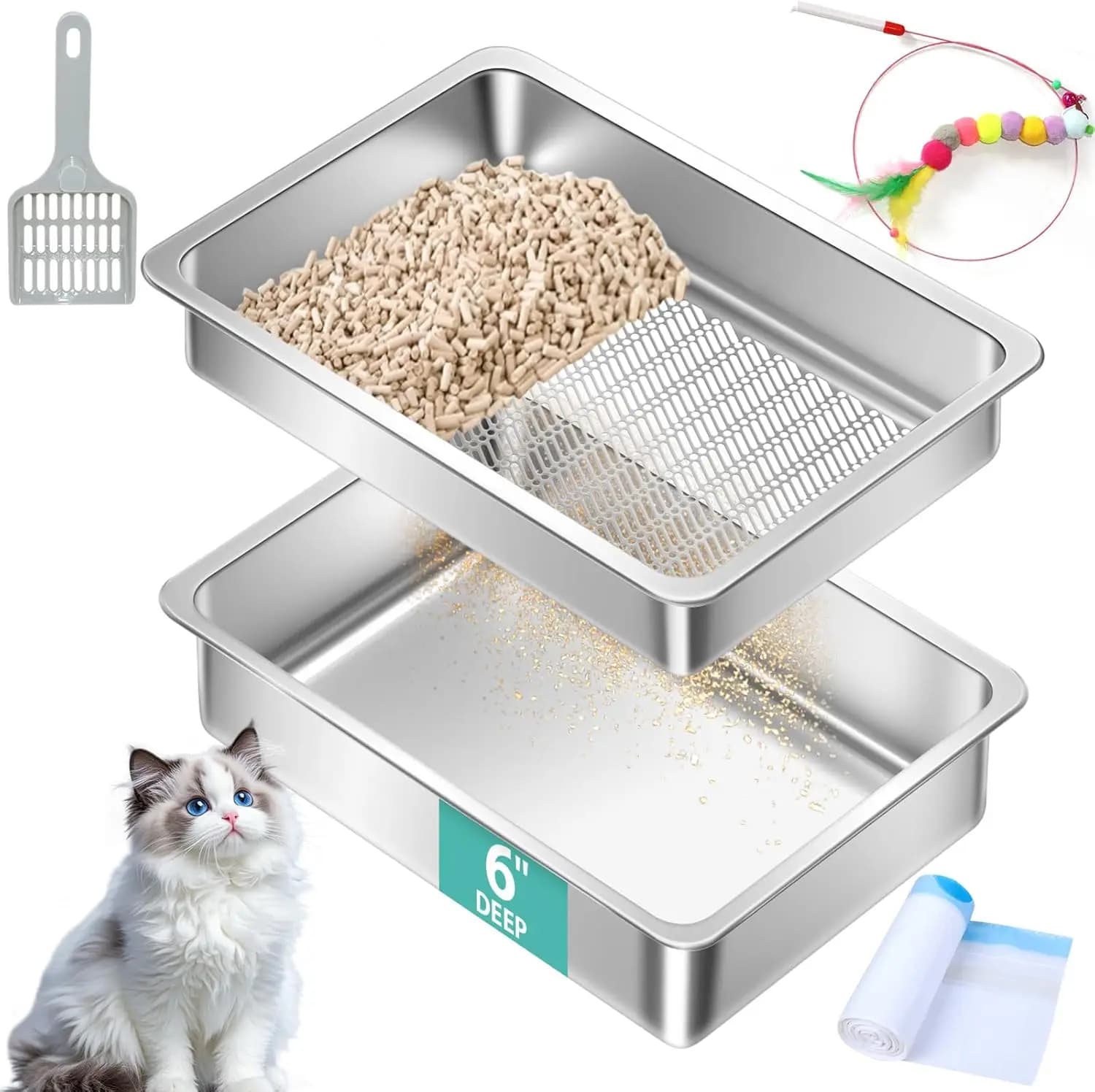 Lettiera per Gatti in Acciaio Inossidabile con Setaccio per Pellet di Pino, Grande Vassoio Setacciatore con Sacchetti e Paletta, 17.72x13.78x6 Pollici