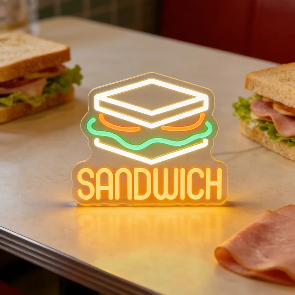 Insegna al Neon a LED per Alimenti, Luce Notturna USB Dimmerabile, Design a Sandwich per Caffetteria, Panetteria, Food Truck, Decorazione Rustica, Lampada da Scrivania per Cucina, Regalo