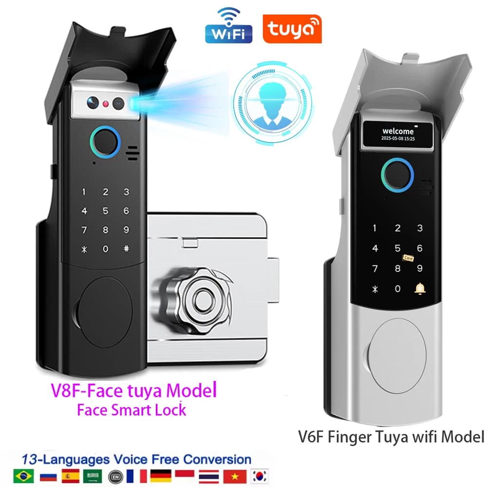 Citofono Riconoscimento facciale Tuya Wifi Codice impronte digitali Scheda RFID Smart Lock con campanello/batteria al litio ricaricabile/tastiera esterna
