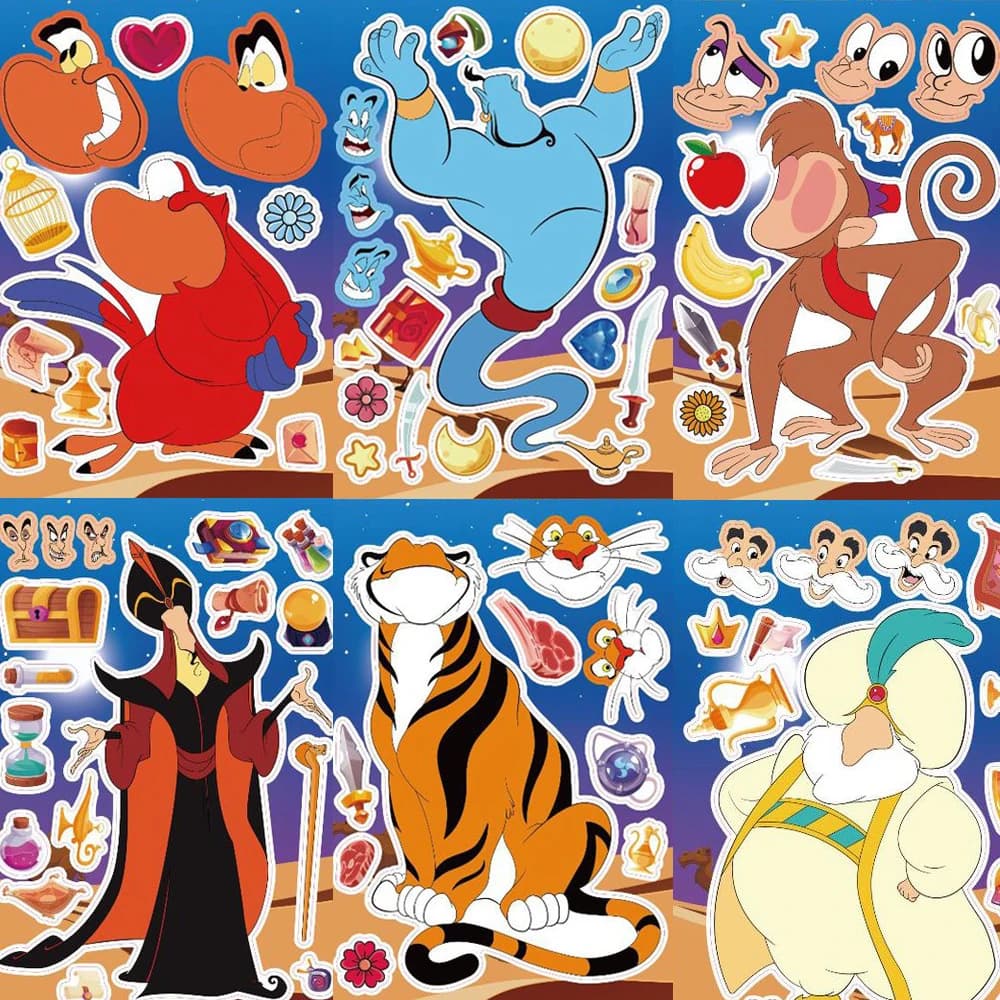 8/16 Fogli di Adesivi Puzzle Disney Aladdin Jasmine, Adesivi Kawaii Principessa Cartoon per Creare un'Immagine, Gioco Educativo