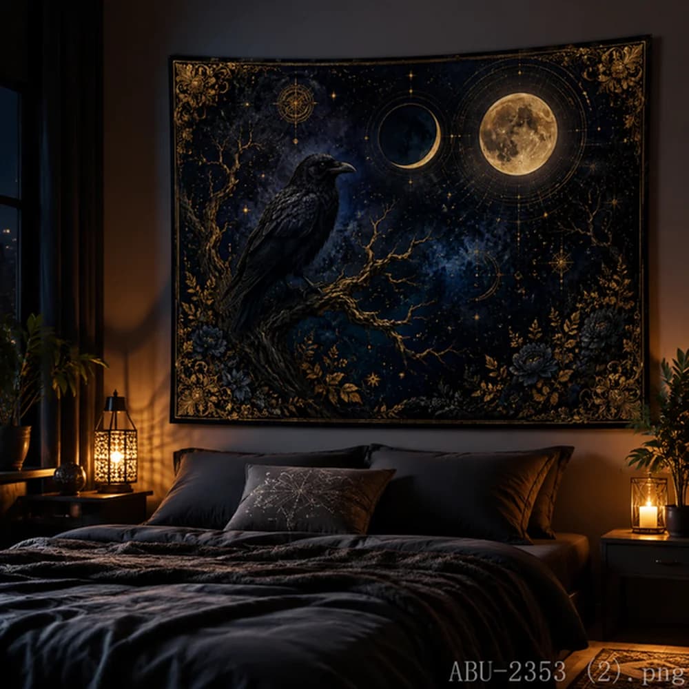 VIKAMA Mystical Cat Lunar Cycle Tapestry Golden Flower of Life Wall Art Boho Dorm Room Decor