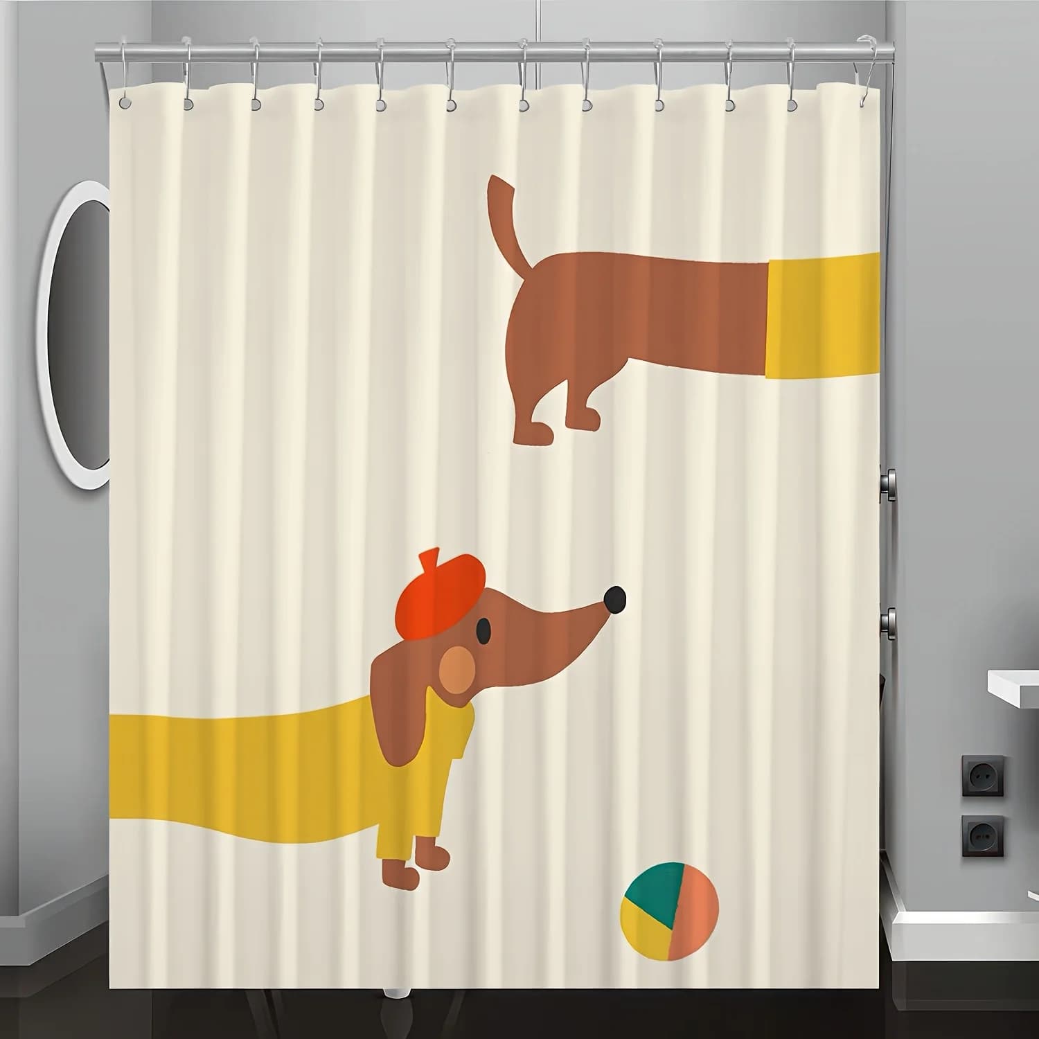 Tenda da doccia con stampa bassotto cartone animato – Tessuto in poliestere con ganci, lavabile in lavatrice per l'arredamento del bagno per tutte le stagioni