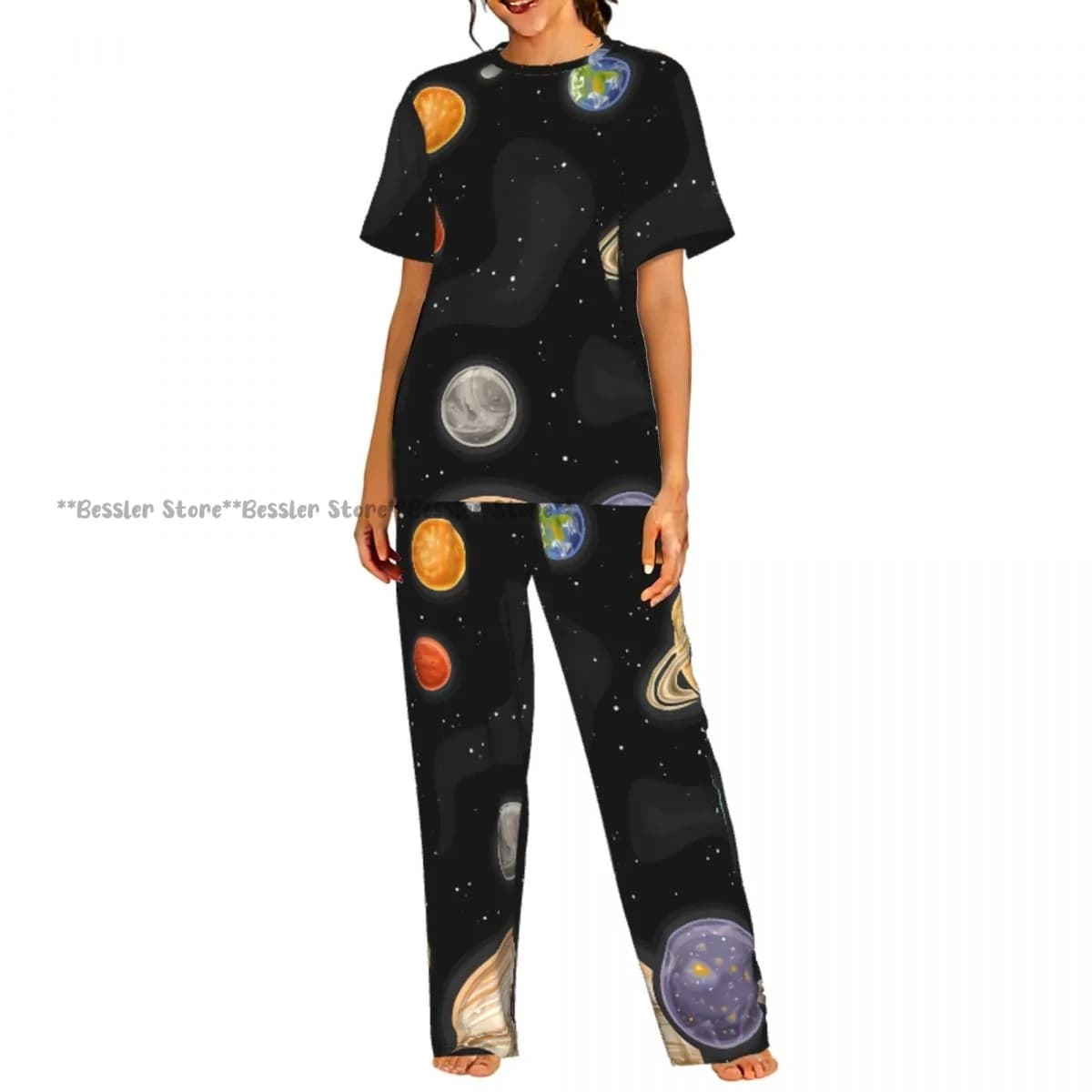 Set pigiama casual da donna con pantaloni a maniche corte Space Planets And Stars