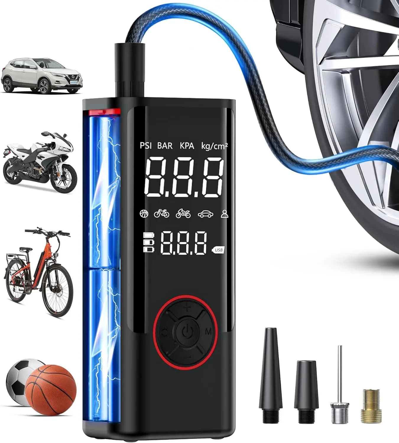Compressore d'Aria Portatile Senza Fili per Pneumatici di Auto, Bici, Moto con Manometro, Pompa a Batteria 150PSI