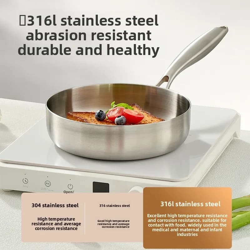 Non-coated and non-stick 316 stainless steel pan, steak and fried eggs pan, flat bottom pan for domestic use, fryer