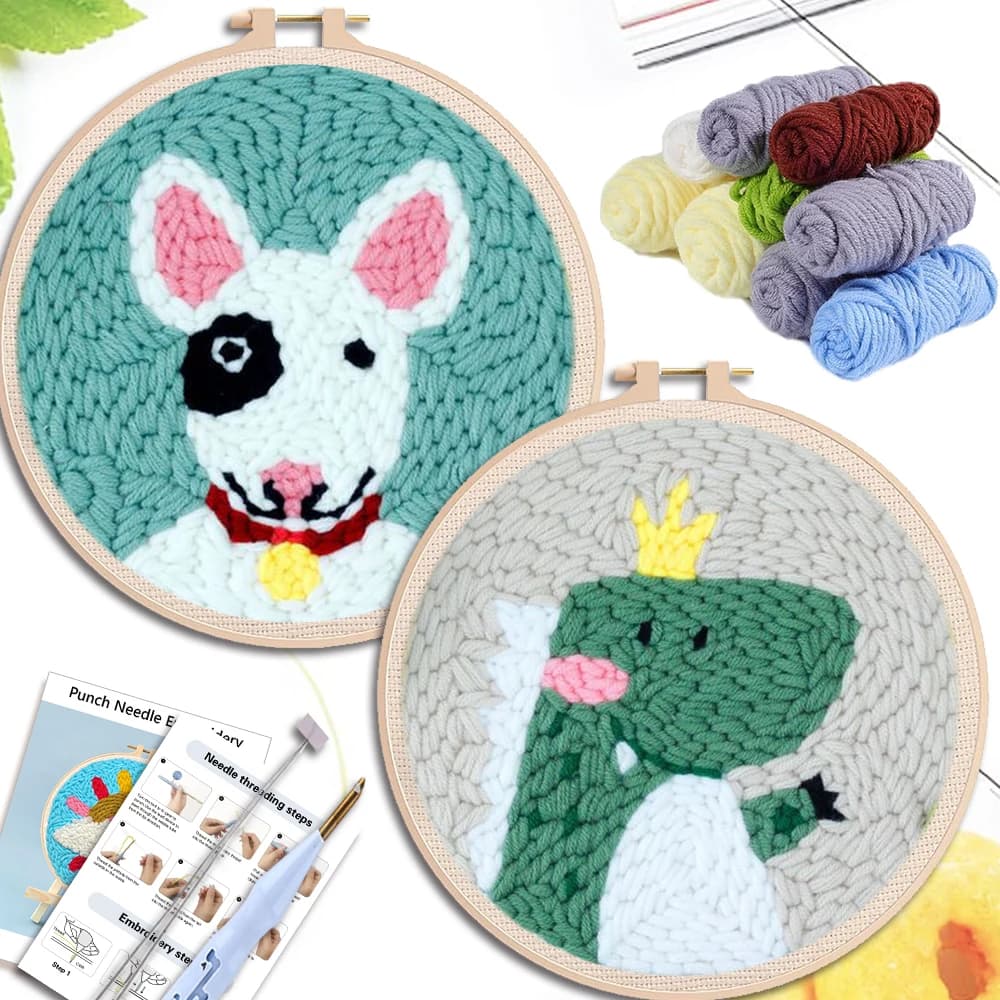 SDOYUNO Diy Punch Needle Embroidery Kits Animal Pattern with Soft Yarn Threader Tools Easy Needlework Work Home Decor Diy Craft