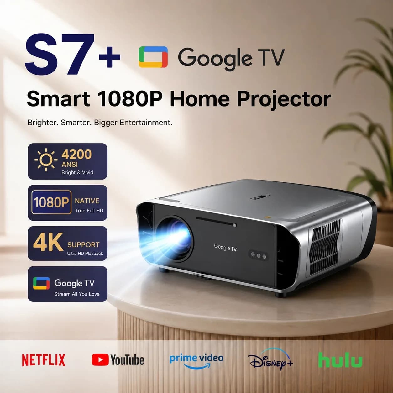 S7 4200ANSI Native 1080P 4K UHD Projector Google TV TOF Auto Focus Dual Speakers Beamer Home Cinema Daytime Video Projector 2026