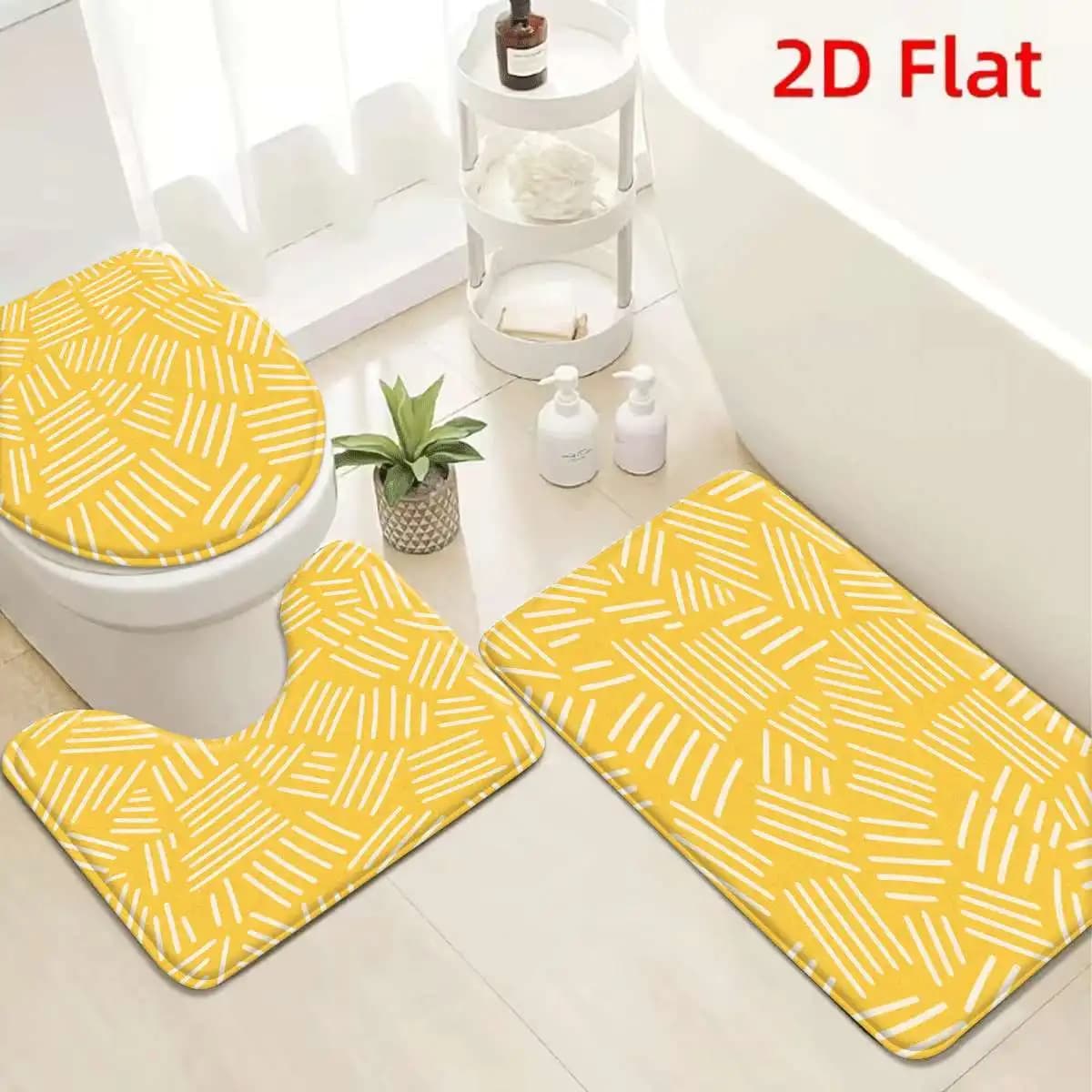 Yellow Geometric Pattern Bath Mat Set Anti Slip Bathroom Mat for Toilet Vanity Shower Floor Doormat Matting Accessories