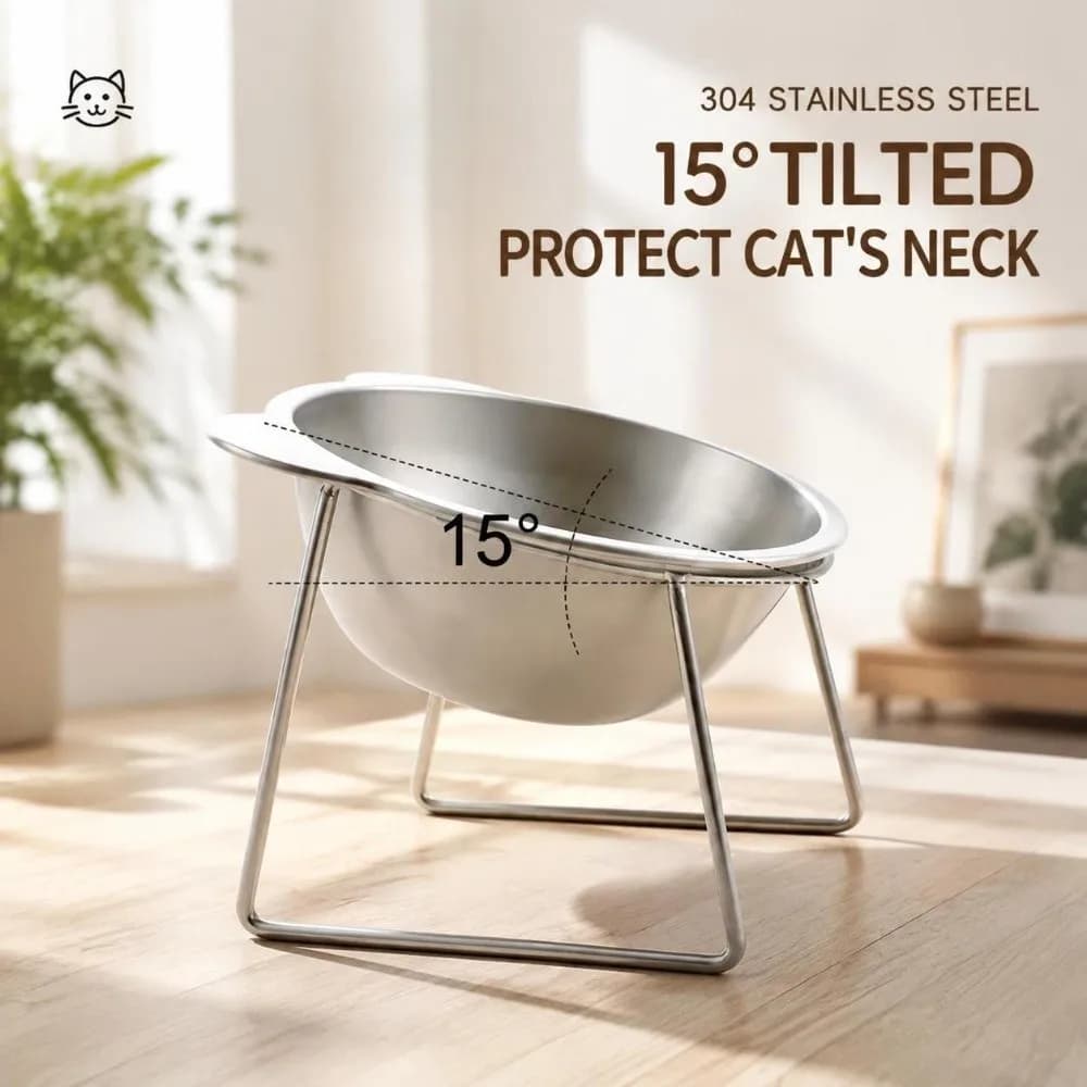 Stainless Steel Raised Cat Bowl 15° Tilted 5.9" Wide Bowl Elevated Pet Bowl Non Slip Base Large Capacity Cat Food Bowl Home Use