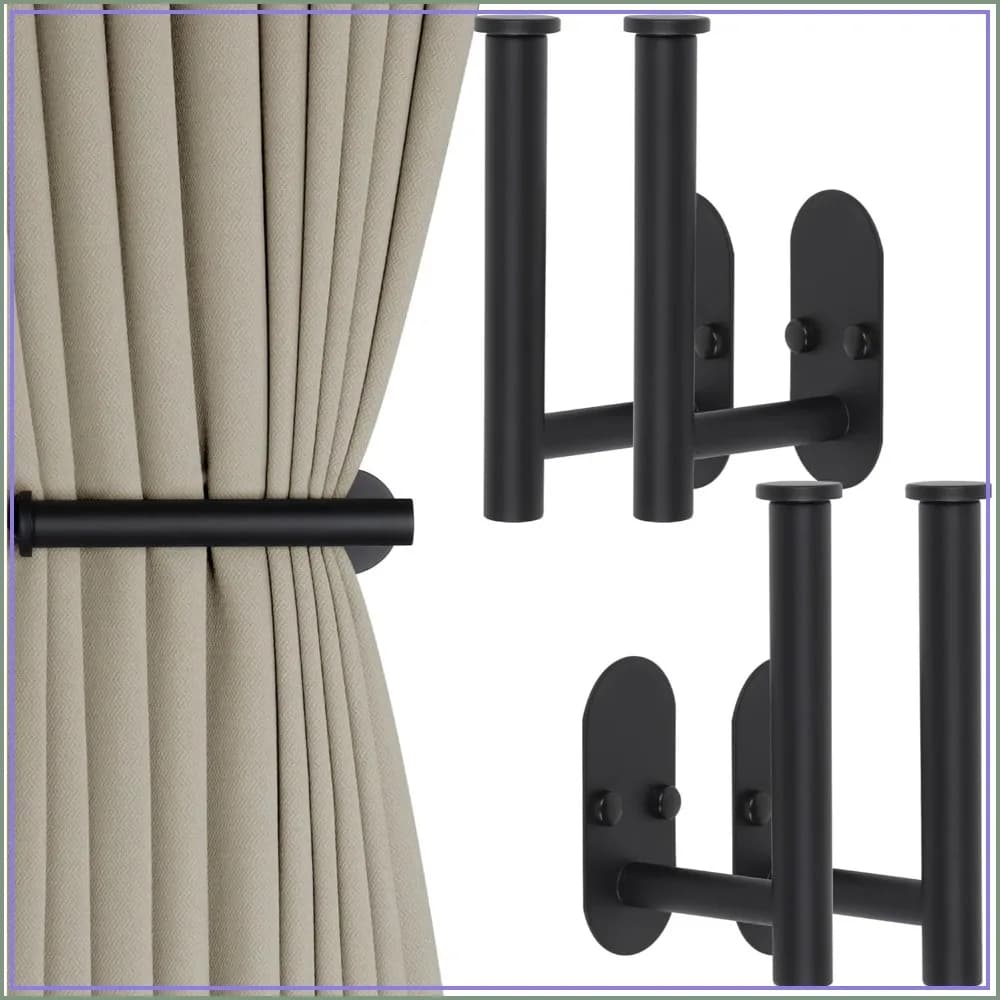 4 Pcs Adhesive Curtain Holdbacks, Screw-in Tie Backs, Wall Mounted Curtain Hooks for Home Decor Drapes (Black)