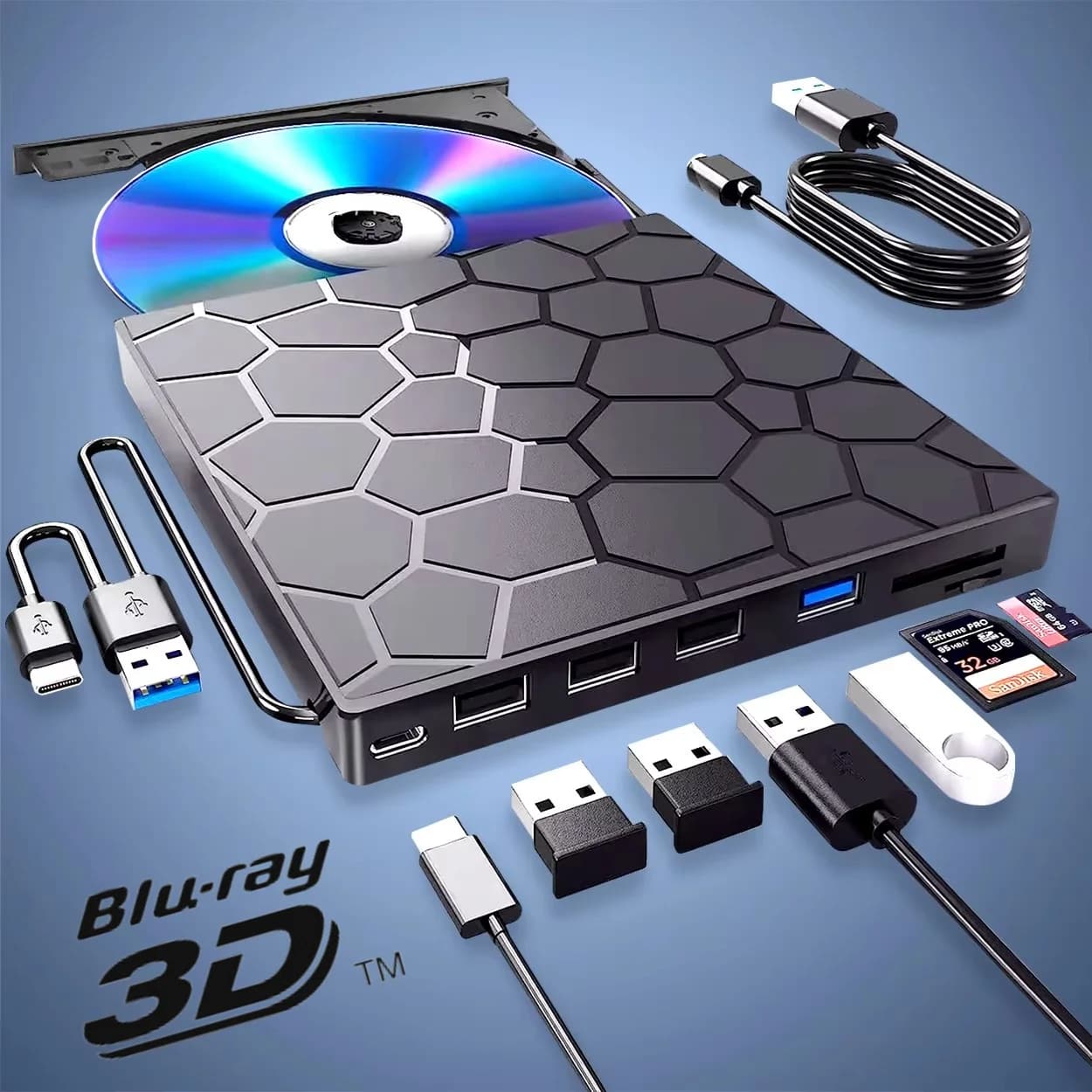 Masterizzatore Blu-ray Esterno 7 in 1 USB 3.0 Type-C Sottile con Lettore Schede SD/TF e 2 Hub USB 3.0 Compatibili