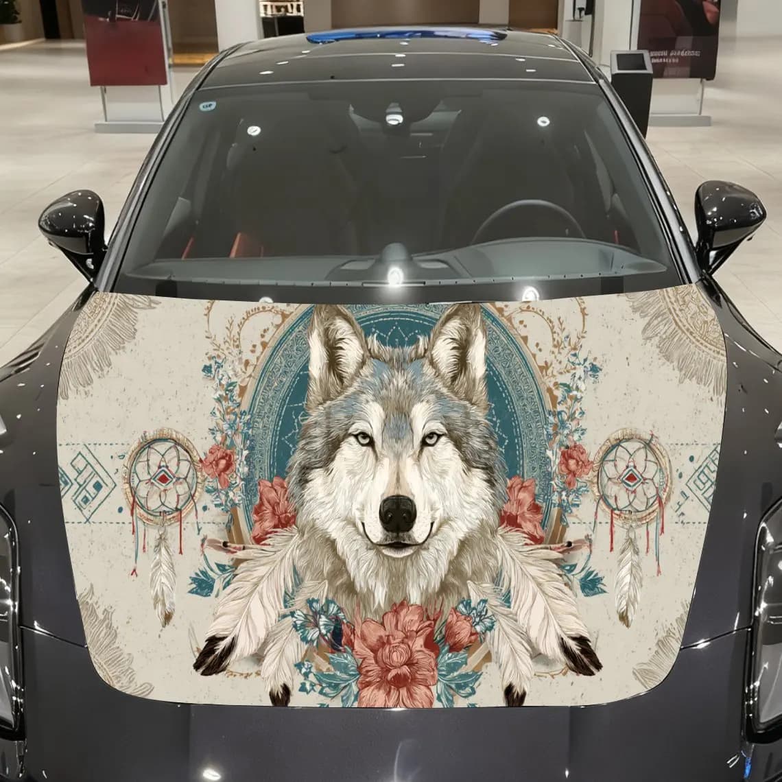 Fashionable Vintage Dreamcatcher Wolf Auto Cover Sticker, Waterproof and Self-adhesive Auto Hood Decal, Auto Vinyl Wraps, Cool C