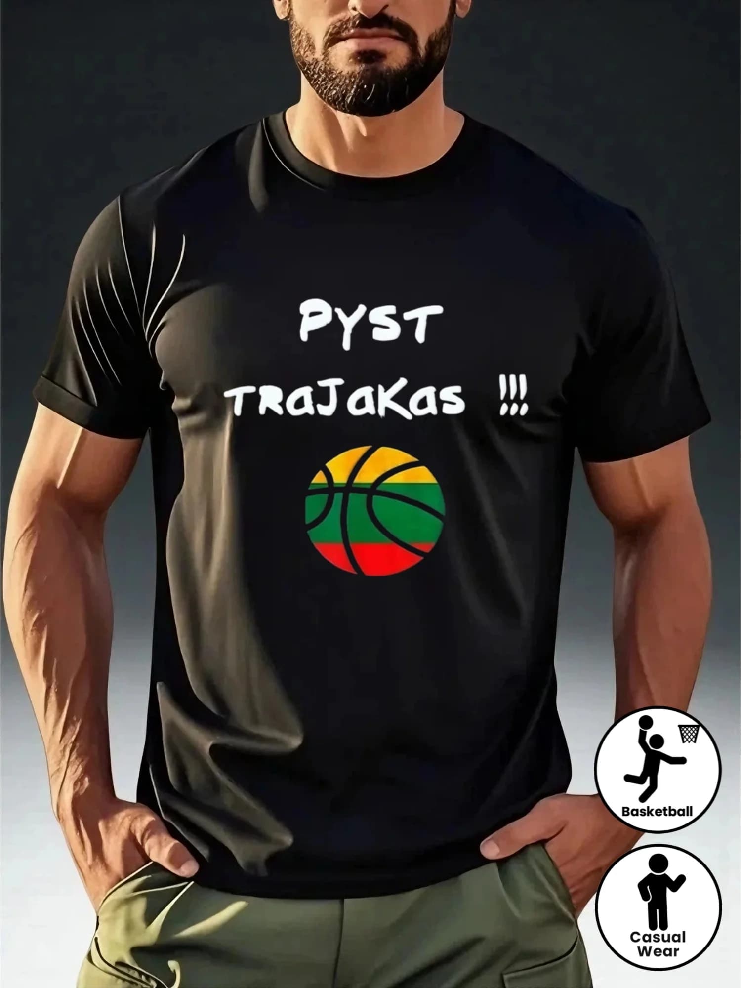 T-shirt a maniche corte da uomo con stampa basket lituana "PYST TRAJAKAS", tema alla moda per i fan della moda, casual e comoda