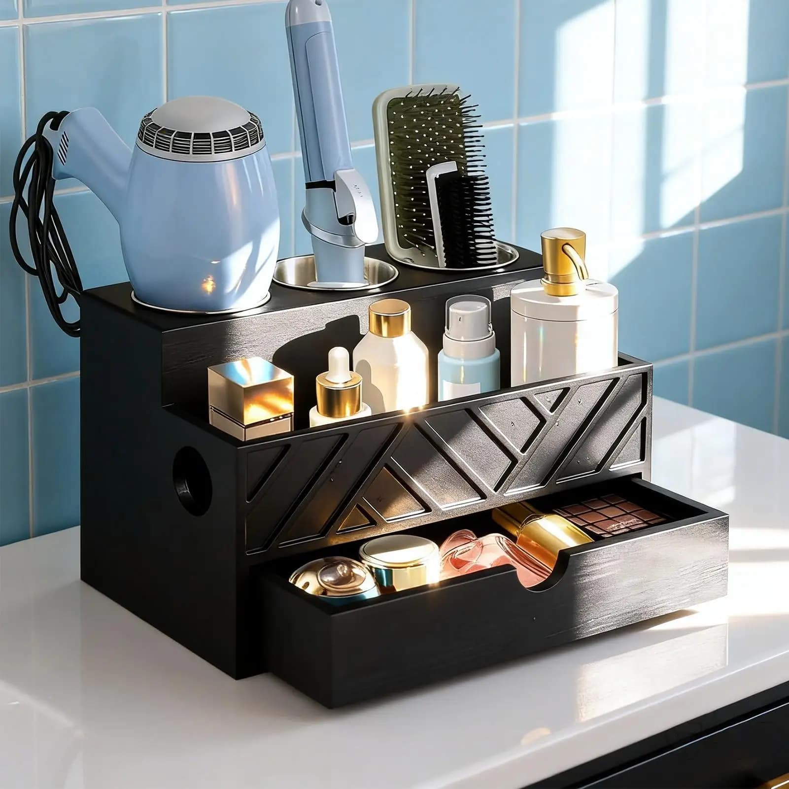 Hair Dryer Holder With Drawer Wooden Space Saving Stand Hair Dryer Organizer Coffee Pod Holder For Brush Straightener Curling
